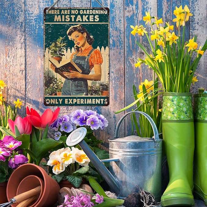 PEACHGARDEN Garden Vintage Tin Sign Metal Signs There are No Gardening Mistakes Signs for Garden Decor Fence Patio Yard Farm Lawn Decoration Sign 8x12inch