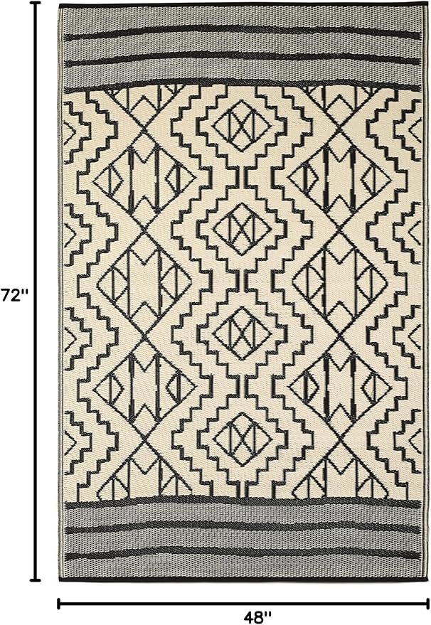 Fab Habitat Outdoor Rug - Waterproof, Fade Resistant, Crease-Free - Premium Recycled Plastic - Tribal Boho Neutral - Patio, Deck, Porch, Balcony, Laundry Room - Kilimanjaro - Black - 4 x 6 ft