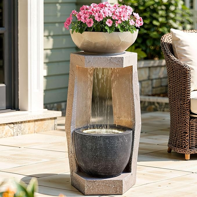 32" Outdoor Fountain, Modern Geometric Two Bowls Water Feature with LED Lights, Resin Soothing Cascading Waterfall for Patio, Backyard, Garden or Porch
