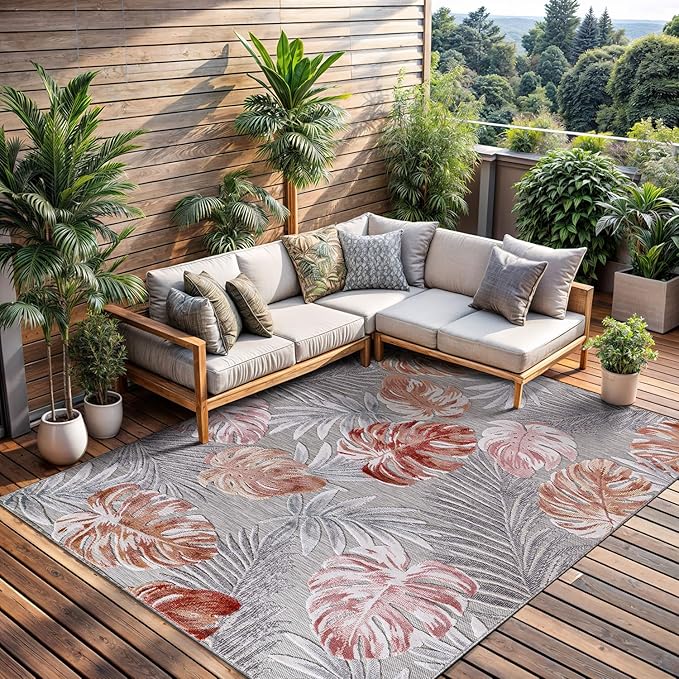 CAMILSON Indoor Outdoor Rug, Multi Color 6’x9’ Leaf Tropical Botanical Area Rugs for Indoor and Outdoor patios, Easy-Cleaning Non-Shedding Living Room, Garden and Kitchen Washable Outside Carpet (6x9)