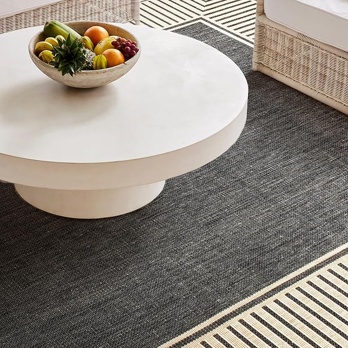 Nuloom Asha Dark Grey/Ivory, 6'7" Round, Casual, Striped Border, Soft and Cozy, High Traffic, Stain Resistant, Easy Clean, Durable Area Rug for Indoor/Outdoor Patio, Deck, Porch, Garden, Courtyard