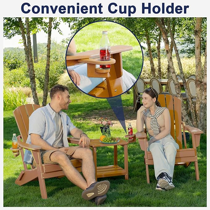 Plawdlik Folding Adirondack Chair Set of 2,Cup Holder,SGS Tested, Wooden Textured,Heavy All-Weather HDPE Comfortable Set,Poolside Backyard Lawn Use,Teak