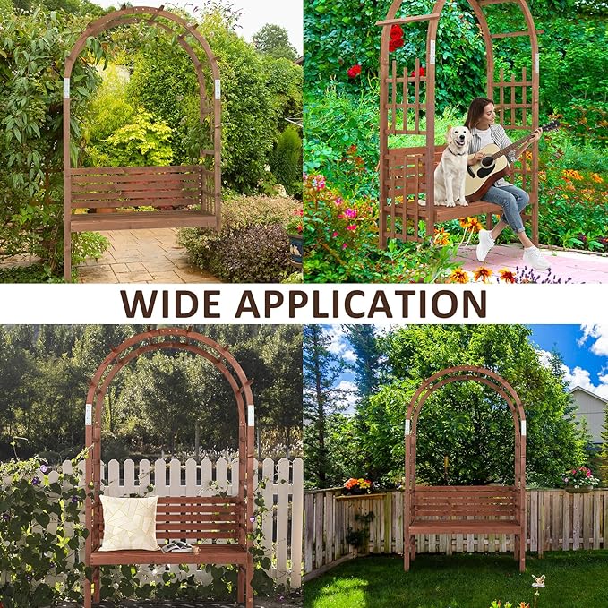 6.8FT Garden Arch with Bench, Arbor Arch for Climbing Plants with Garden Bench, Garden Arbors Trellises for Climbing Plants, Patio Trellis Pergola for Decoration, Wooden Arbor Trellis Garden