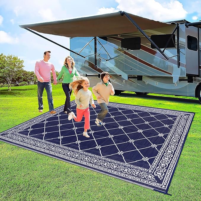HiiARug Outdoor Rug 8'x10' for Patios Waterproof Patio Rugs Outdoor Mats for Front Porch,Beach Mat,Reversible Plastic Straw Camping Rugs for Outside RV,Deck,Balcony,Backyard Navy Blue