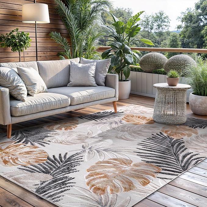 CAMILSON Indoor Outdoor Rug, Yellow 5x7 Leaf Tropical Botanical Area Rugs for Indoor and Outdoor patios, Easy-Cleaning Non-Shedding Living Room, Garden and Kitchen Washable Outside Carpet (5 x 7)
