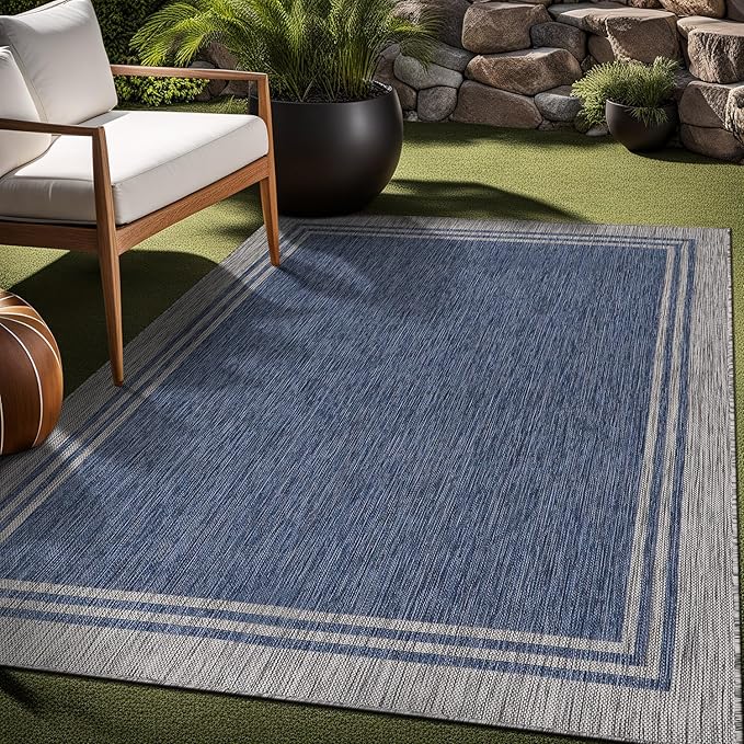 Bordered Outdoor Rug 8x10 Washable Outside Carpet for Indoor Patio Porch Waterproof Easy Cleaning Non Shedding Area Rugs Navy 8 x 10