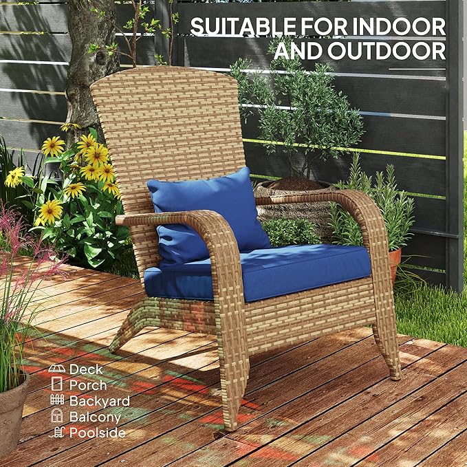 Outsunny Patio Wicker Adirondack Chair, Outdoor All-Weather Rattan Fire Pit Chair with Soft Cushions, Tall Curved Backrest and Comfortable Armrests for Deck or Garden, Dark Blue