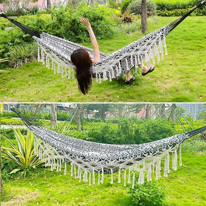 Black with Wirte Bohemian Striped Fringe Double Hammock - Soft Cotton Fabric Outdoor Indoor Hanging Bed with Durable Ropes, Space-Saving Design for Garden, Patio, Backyard, Porch, Beach Camping