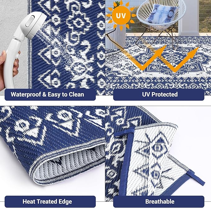COZYLOOM 8x10 Outdoor Rug Waterproof Reversible Plastic Straw Mat, Large Dark Blue and White Vintage Medallion Patio Area Rug for Deck, Balcony, Camping, Beach, Picnic, Indoor/Outdoor Use