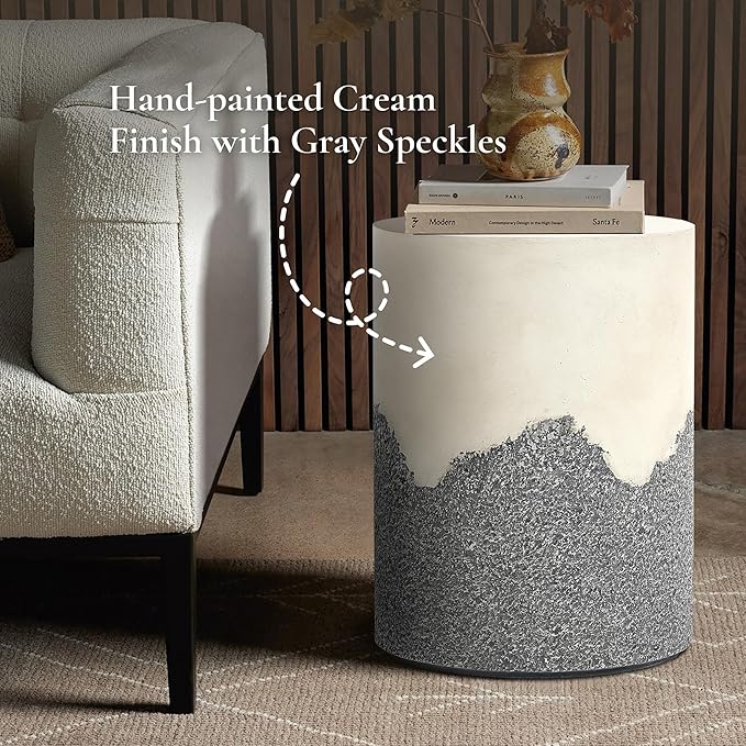 LuxenHome Gray and Cream Round Outdoor Side Table 18 Inch End Tables for Patio, Garden Small Accent Decorative Stool, Plant Stand Drum Table Indoor and Outdoor