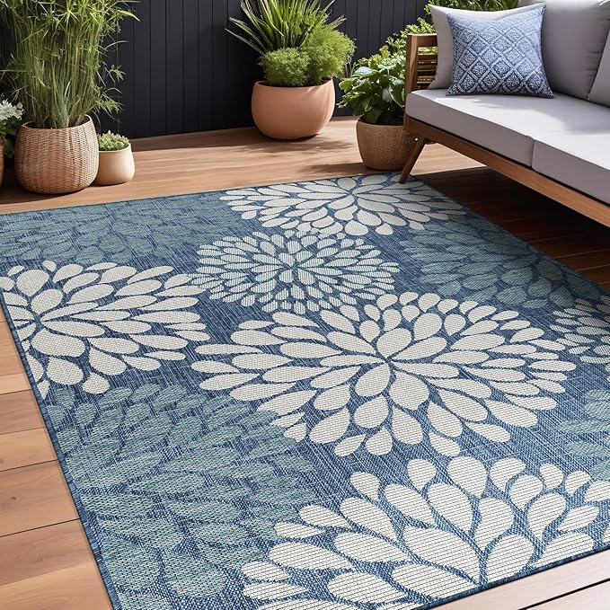 Beverly Rug Outdoor Rug 8x10 Modern Exotic Tropical Leaf Area Rugs for Indoor and Outdoor Patio Deck Porch Garden Water Resistant Washable Outside Carpet (8 x 10 Blue)