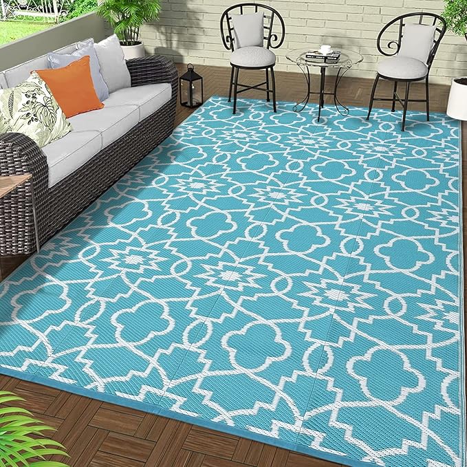 GAOMON Large Outdoor Camping Rug 9x18 Geometric Floral Reversible Outdoor Carpet, Foldable Modern Plastic Straw Patio Rug, Portable Outside Floor Mats for Porch, Beach, Balcony, Teal/White(Floral)