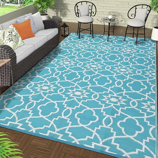 GAOMON Large Outdoor Camping Rug 9x18 Geometric Floral Reversible Outdoor Carpet, Foldable Modern Plastic Straw Patio Rug, Portable Outside Floor Mats for Porch, Beach, Balcony, Teal/White(Floral)