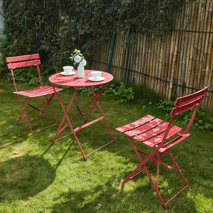 3 Piece Bistro Set, Folding Patio Furniture Set, Outdoor Table and Chairs Set for Patio, Garden, Balcony and Poolside, Red