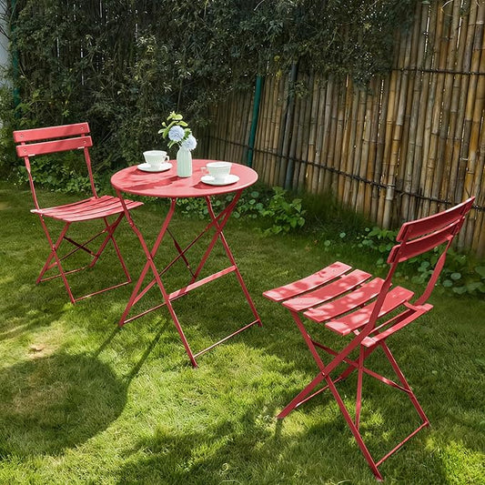 3 Piece Bistro Set, Folding Patio Furniture Set, Outdoor Table and Chairs Set for Patio, Garden, Balcony and Poolside, Red