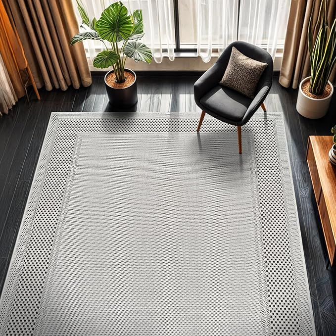 CAMILSON Easy Jute Rug 5x7, Indoor Outdoor Off-White Color Fiber Area Rugs for Living Room Patio and Kitchen Rug Bordered Boho Woven Design, Easy-Cleaning, Washable Outside Carpet (5 x 7)