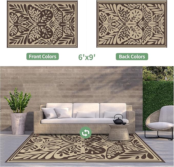 GENIMO Outdoor Rug 6' x 9' Waterproof for Patio Clearance, Reversible Plastic Straw Camping Mat, Lightweight Carpet for Rv, Camper, Deck, Porch, Picnic, Balcony, Beach, H.Coffee & Beige
