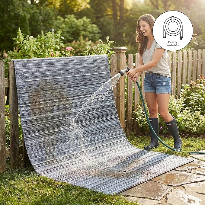 Fab Habitat Outdoor Rug - Waterproof, Fade Resistant, Crease-Free - Premium Recycled Plastic - Striped - Porch, Deck, Balcony, Mudroom, Laundry Room, Patio - Cancun - Midnight - 3 x 5 ft