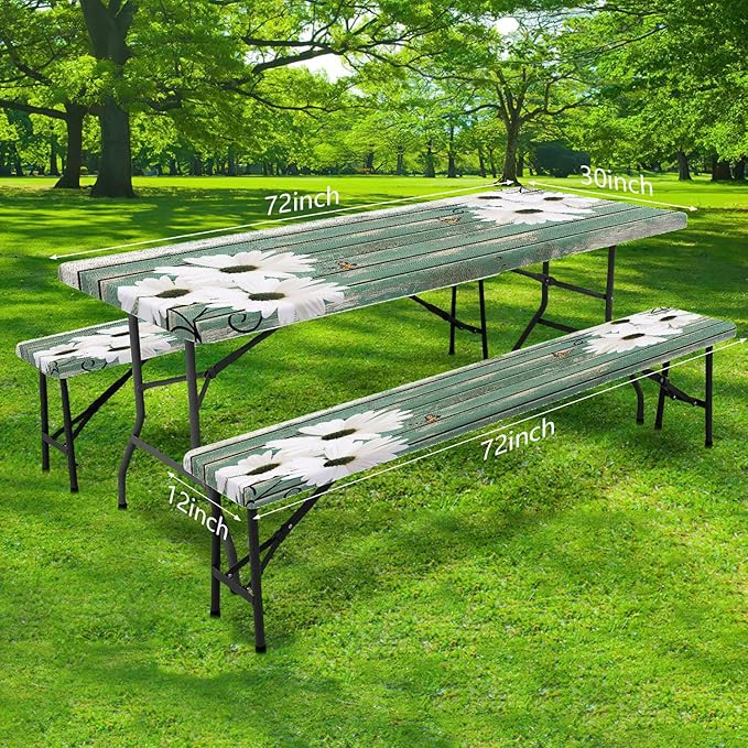 Picnic Table Cover with Bench Covers Daisy Flowers Wooden Floral Waterproof Windproof Fitted Outdoor Tablecloth with Elastic Rectangle Table Cloth Camping Accessories,96x30 Inch