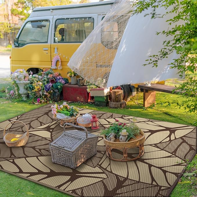 GENIMO Outdoor Rug 6' x 9' Waterproof for Patio Clearance, Reversible Plastic Straw Camping Carpet, Lightweight Mat for Rv, Camper, Deck, Porch, Picnic, Balcony, Beach, F.Coffee & Beige