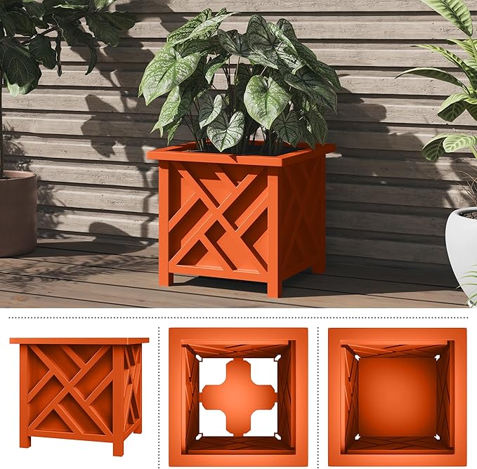 Lattice Design Planter Box - 15.5-Inch-Square Decorative Outdoor Flower or Plant Pot - Front Porch, Patio and Garden Decor by Pure Garden (Terracotta)