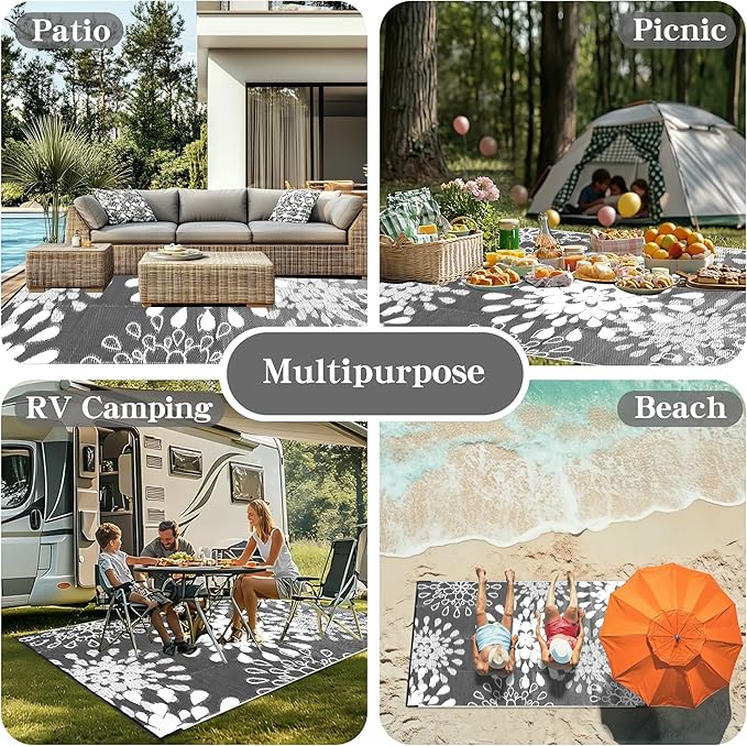 Wallona Outdoor Rugs 9x12 ft Patio Waterproof Clearance Indoor Outdoor Large Carpet for Patio Plastic Straw Reversible Area Rugs Mat for RV, Camping, Beach, Picnic, Porch, Flower Grey & White