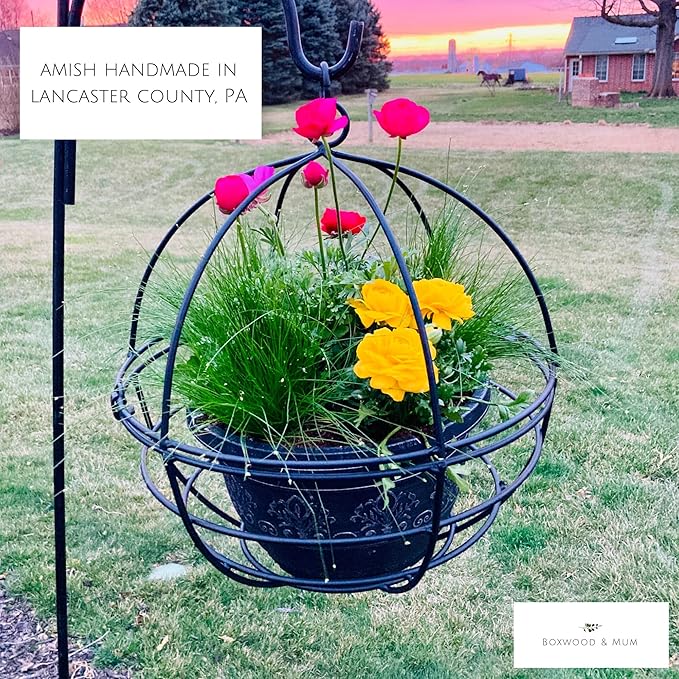 Large Wrought Iron Hanging Globe Planter – Amish Handmade Metal Sphere Plant Hanger for Indoor Outdoor Use – Clamshell Basket Style – Rustic Black Garden Patio Decor for Flowers, Ferns, Lanterns