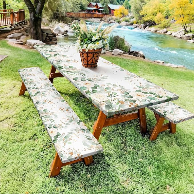 Picnic Table Cover with Bench Covers and Bag, Outdoor Waterproof Windproof Tablecloth with Elastic Edges, Camping Accessories RV Gear Campers 96x30 Inches 3 Pcs Set, Sage Green Eucalyptus Leaves