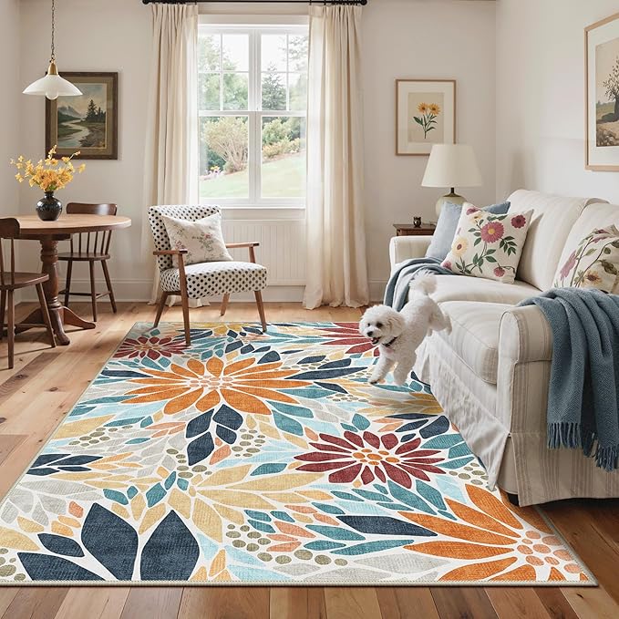 GENIMO Indoor Outdoor Area Rug 5'x8', Machine Washable Rugs for Patio, Waterproof, Non-Slip Easy Cleaning Floral Outdoor Mat Carpet for Living Room, Bedroom, RV, Balcony, Deck, Camping, Orange