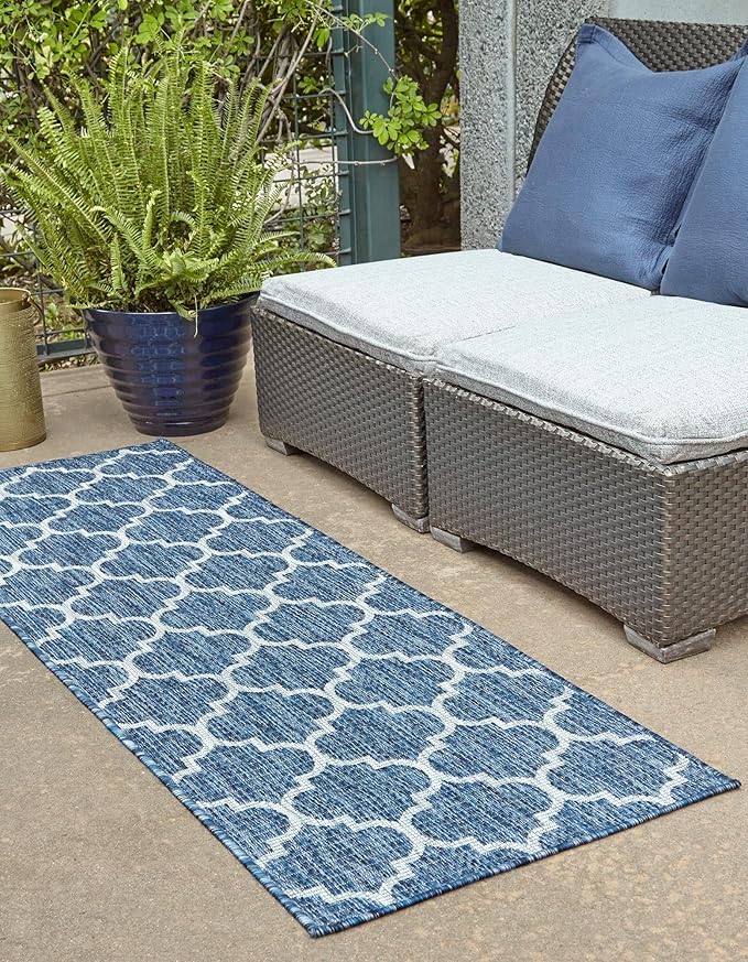 Unique Loom Outdoor Trellis Collection Area Rug (2' x 6' 1" Runner, Navy Blue/ Ivory)