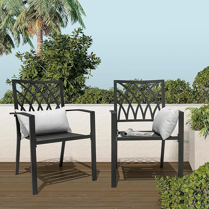 NUU GARDEN Outdoor Patio Dining Chairs Set of 2, Stackable Metal Patio Chairs with Armrests, Portable Dining Chairs for Backyard, Lawn, Deck, Porch, Poolside, Bistro, Black