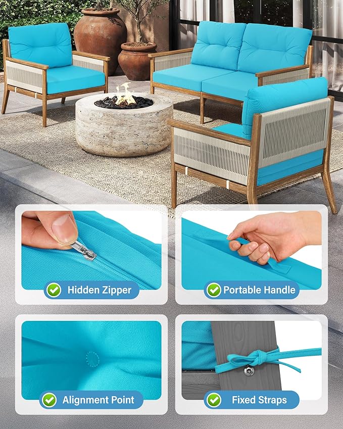 YEFU Outdoor Cushions for Patio Furniture: Waterproof Fade-Resistant Outdoor Chair Cushions Set of 4 - Deep Seat Patio Cushions Replacement with Ties for Chair Sofa Couch - 24 x 24 Inch(Blue)
