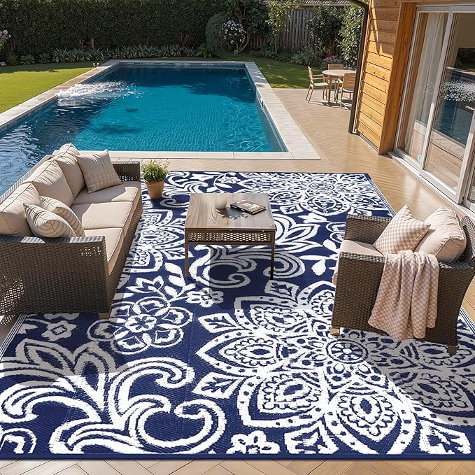 Findosom Waterproof Outdoor Rug 8' x 10' - Reversible Mandala Outdoor Plastic Straw Rug, Durable Foldable Patio Rug for RV, Deck, Balcony, Backyard, Picnic, Porch, Camping, Beach, Navy