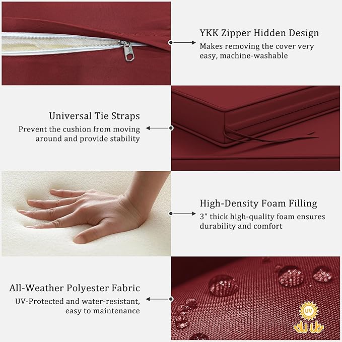 3 Pack Outdoor Replacement Cushions,36L x 18W x 3H,18L x 18W x 3H inch, High-Elastic Replacement Sponge for 4-Seater Water-Resistant Patio/Sofa with Removable Covers (Burgundy)