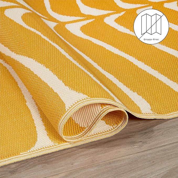Fab Habitat Tropical Botanical Floral Outdoor Rug - Waterproof, Crease-Free Fade Resistant, Reversible - Recycled Plastic - Patio Porch Balcony Deck Yard Garden - Hilo Honey - 4x6 ft
