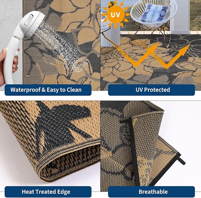 COZYLOOM Outdoor Rug 8x10 Patio Waterproof Plastic Straw Rug Reversible UV Resistant Camping Mat, Foldable Lightweight RV Picnic Mat with Portable Bag, Floral Outdoor Carpet for Yard, Black&Brown