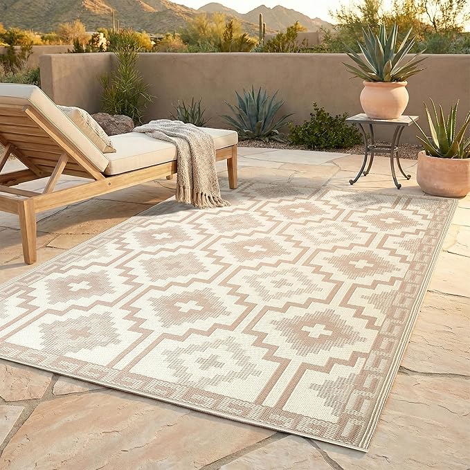 Fab Habitat Boho Vintage Tribal Outdoor Rug - Waterproof, Crease-Free Fade Resistant, Reversible - Recycled Plastic - Patio Porch Balcony Deck Yard Garden - Lhasa Mocha - 4x6 ft