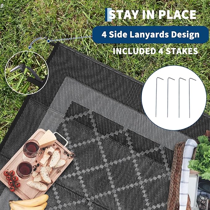 COZYLOOM Waterproof Outdoor Rug 9x12 Reversible Patio Rugs Plastic Straw Mat, Large Modern Carpet Outdoor RV Mat for Deck, Balcony, Camping, Beach, Picnic, with Portable Bag & 4 Stakes,Black&Grey