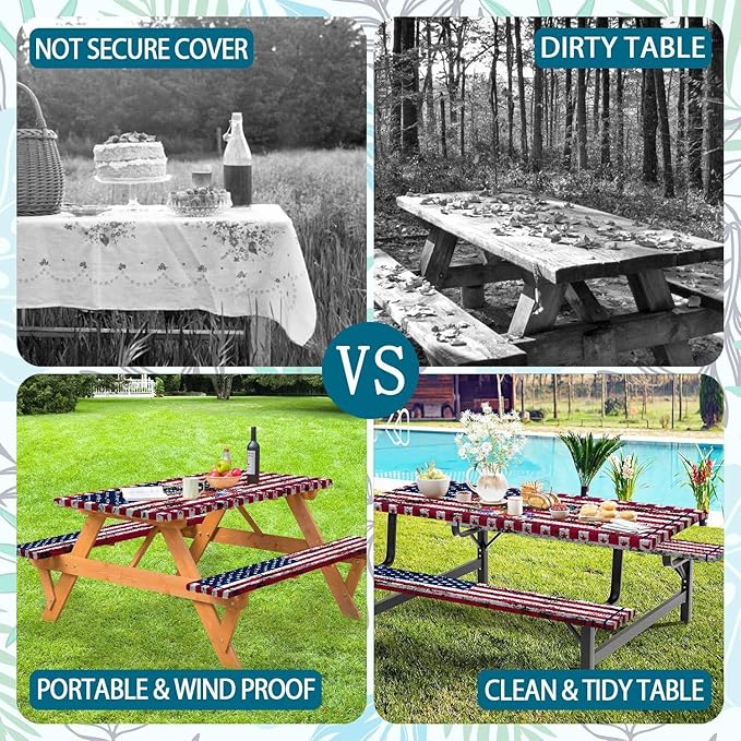 Picnic Table Cover with Bench Covers Elastic Edges, American Flag Eagle Fitted Table Cover, Camping Outdoor Patio Essentials 60 Inch 3PCS Fitted Tablecloth with Drawstring Bag