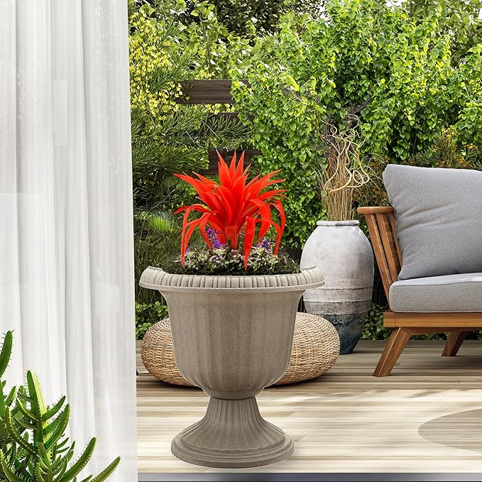 Southern Patio 14 Inch Large Outdoor Home Lightweight Plastic Utopian Urn Flower Planter Pot for Entryways and Backyard Patios, Stone