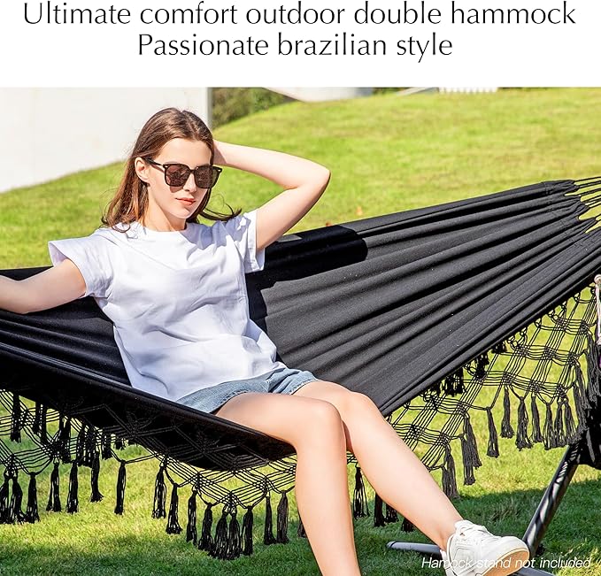 PNAEUT Double Hammocks for Outside, Replacement Outdoor Tree Hammock for Indoor Patio Porch Garden (Tassel Black, Medium)