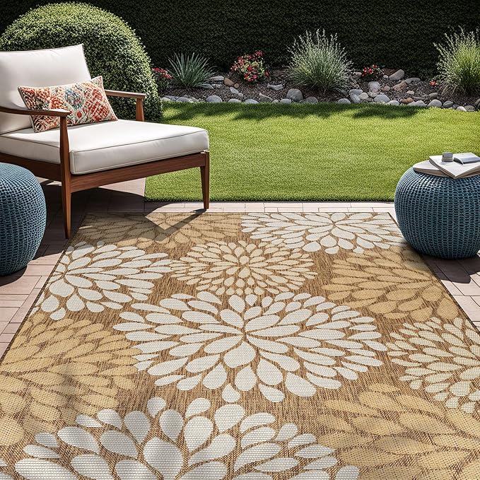 Beverly Rug Outdoor Rug 10x14 Modern Exotic Tropical Leaf Area Rugs for Indoor and Outdoor Patio Deck Porch Garden Water Resistant Washable Outside Carpet (10 x 14 Wooden)