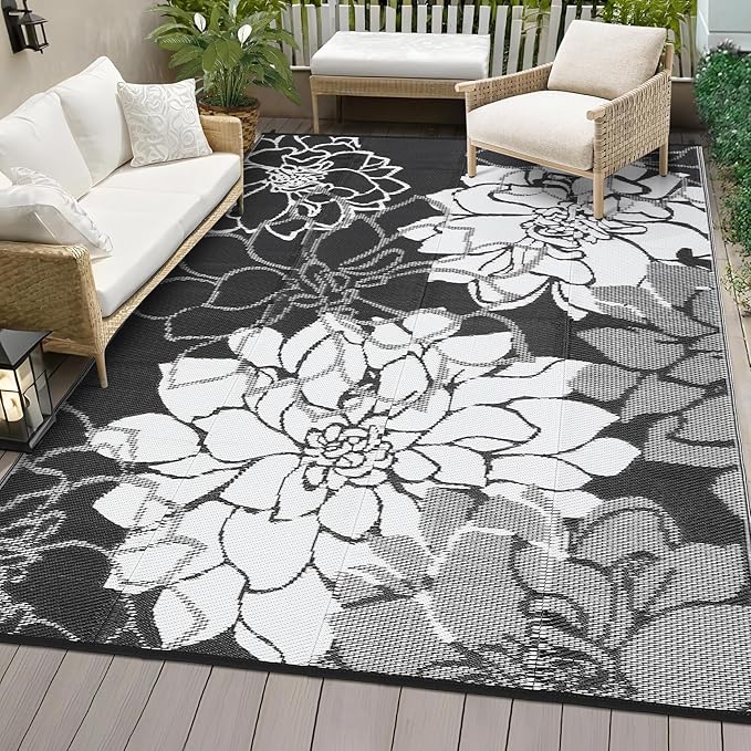 COZYLOOM Outdoor Plastic Straw Rug 8x10 Outdoor Patio Rug Waterproof Reversible UV Resistant Camping Mat, Foldable Lightweight RV Picnic Mat with Portable Bag, Modern Flower Carpet for Yard Porch Deck