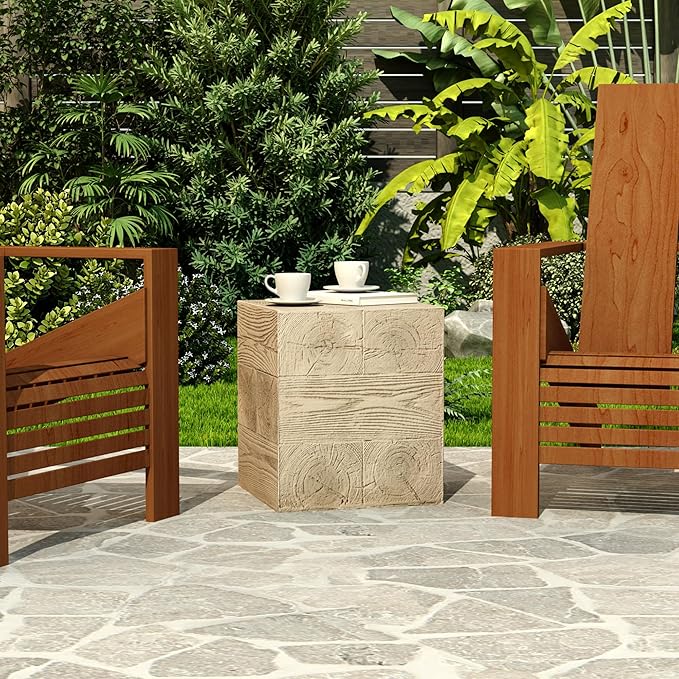 COSIEST Outdoor Side Table Faux Wood Patio End Table, Hand-Painted Wooden Plant Stand, Stool, Ottoman for Deck, Garden, Yard, Indoor