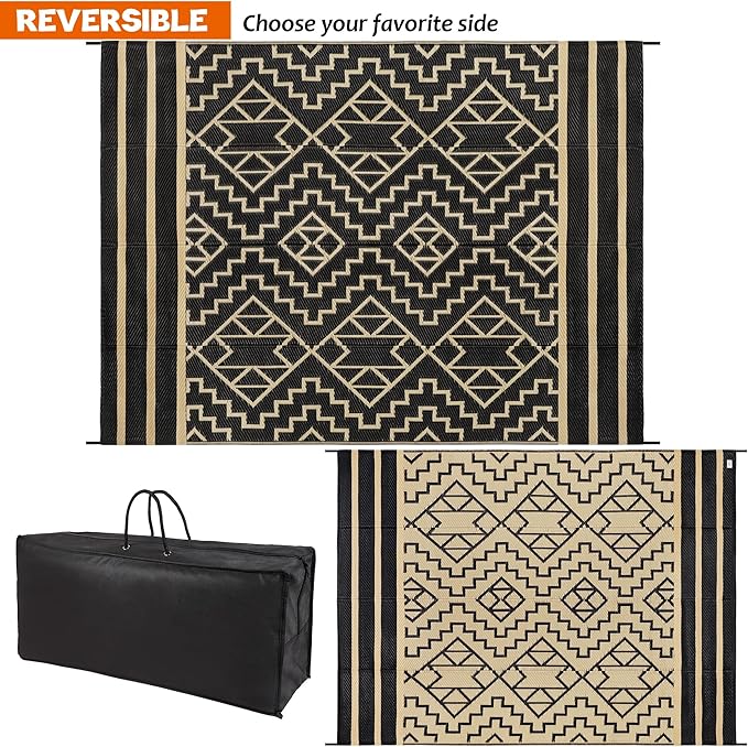 SAND MINE Reversible Mats, Plastic Straw Rug, Modern Area Rug, Large Floor Mat and Rug for Outdoors, RV, Patio, Backyard, Deck, Picnic, Beach, Trailer, Camping (9' x 12', Black & Beige)