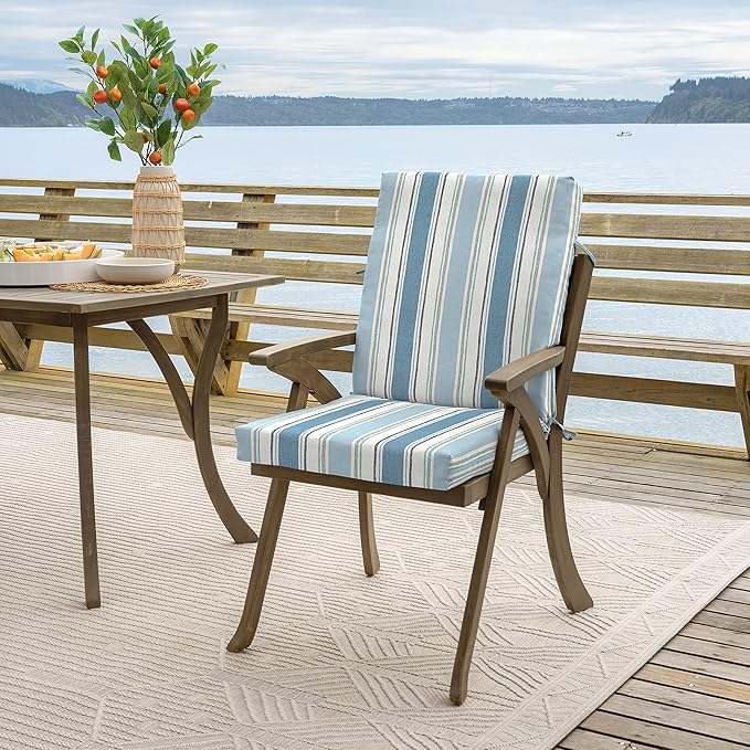 Arden 4-Pack Outdoor Patio Dining Chair Cushion, 20x44, Rain-Proof Seat Pad, Fade-Resistant Outdoor Cushion French Blue Linen Stripe