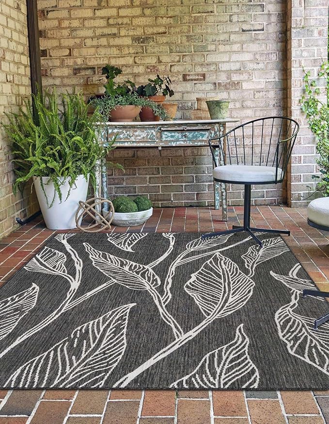 Unique Loom Outdoor Botanical Collection Area Rug - Leaf (7' 10" x 11' Rectangle, Ivory Charcoal)