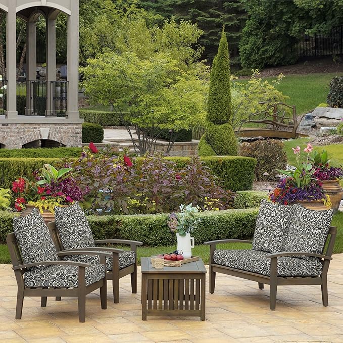 Arden Outdoor Deep Seat Cushion Set, 22 in x 24 in, Weather-Proof, Rain-Proof, Fade Resistant Patio Cushion Black Aurora Damask