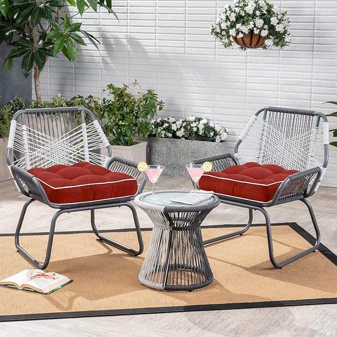 Favoyard Patio Cushions 17 x 17 Inch Indoor & Outdoor Chair Cushions Water-Resistant Seat Cushion for Patio Furniture 3-Year Color Fastness Square Tufted Couch Chair Pads with Ties, 2 Pack, Red