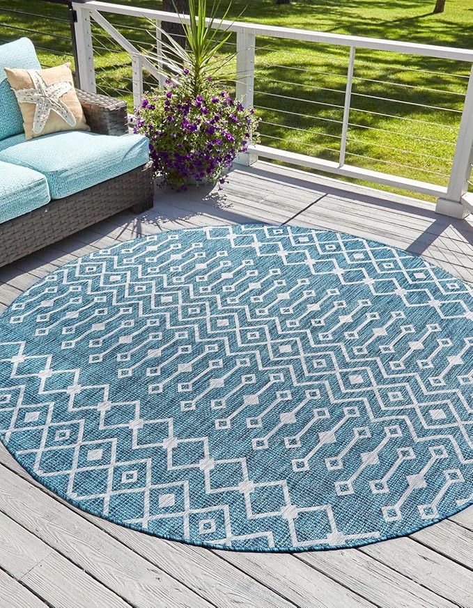Unique Loom Outdoor Trellis Collection Area Rug - Tribal Trellis (7' 10" Round, Teal/ Ivory)